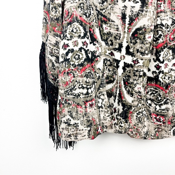 I.N. Studio Long Sleeve Gray Red Patterned Blouse with Fringe Cuffs - Picture 5 of 8